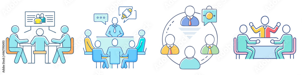 Icon set representing various business meetings and collaborative discussions in a professional environment Icon set representing various business meetings and collaborative discussions in a professional environment