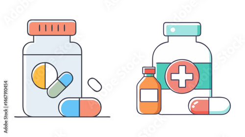 Stylized Pill Bottles and Medicine Illustrations for Healthcare and Medical Concepts