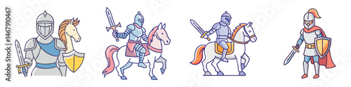 Collection of Cartoon Knights in Armor on Horses and Standing Vectors