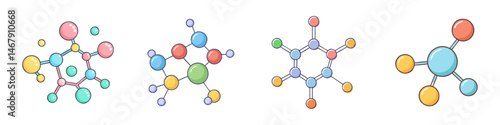 Cartoon style depiction of four distinct molecular structures with varying colors