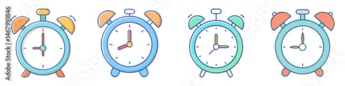 Four cute alarm clocks in different colors on a plain white background