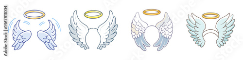 Collection of angelic wings with halos, showcasing diverse cartoon illustration styles