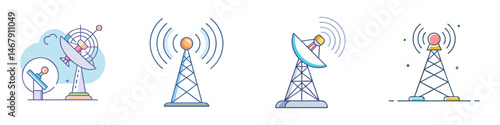 Four different communication towers radiating signals on a white background