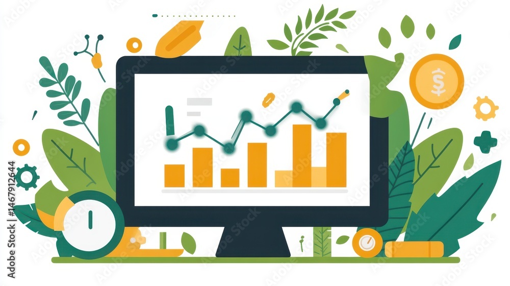 Fototapeta premium Eco-Friendly Business Growth Visual, Data Analytics and Sustainable Investment Chart in an Organic Desktop Environment for Success