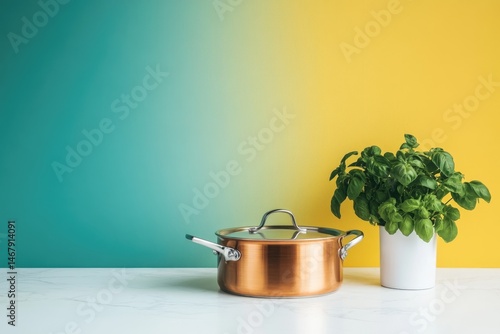 Copper pot with lid and basil plant on a white marble countertop, vibrant teal and yellow backdrop creating a fresh kitchen aesthetic.