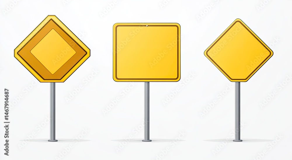 Three yellow traffic signs, diamond and square shapes, on gray poles Three yellow traffic signs, diamond and square shapes, on gray poles