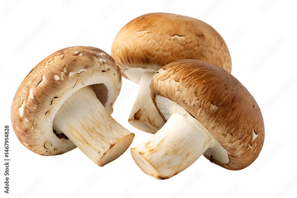 Fototapeta premium Fresh Whole Cremini Mushrooms Isolated on Transparent Background, High-Resolution PNG