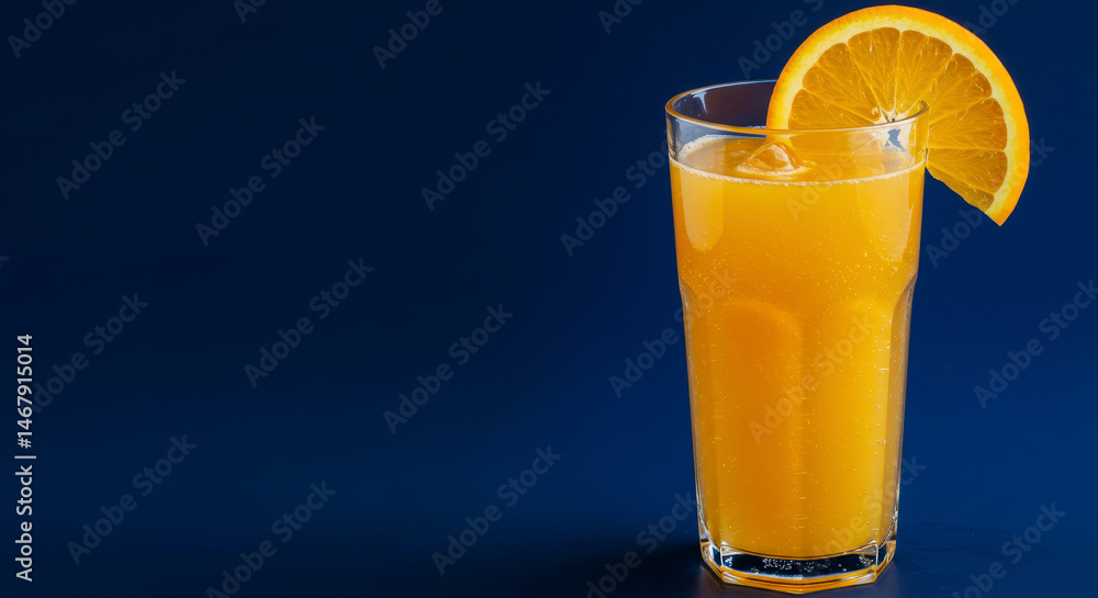 Orange Juice Filled Glass with Orange Slice Garnish Against Blue Background with Refreshing Cold Drink Orange Juice Filled Glass with Orange Slice Garnish Against Blue Background with Refreshing Cold Drink