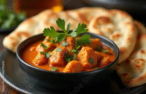 Chicken tikka masala dish with naan bread. This dish is garnished with cilantro. Photo showcases vibrant and flavorful Indian curry dish. Aromatic, delicious, healthy lunch or dinner meal served hot.
