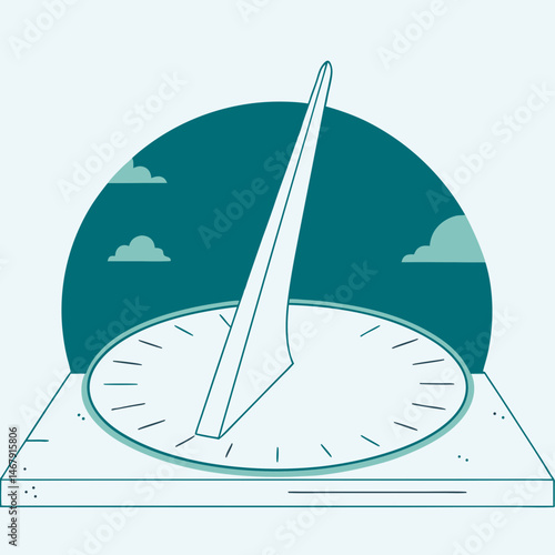 Minimalist sundial against sky in flat line art style