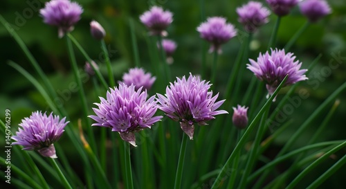 A close up shot of purple chive flowers blooming in a garden with green grass blades