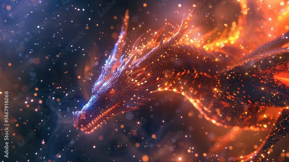 Fototapeta premium The abstract picture of vivid light particle converges into appearance of powerful dragon the symbol of astrology. Oriental style serpent painted by colorful color convey sense of fortune. AIG53.