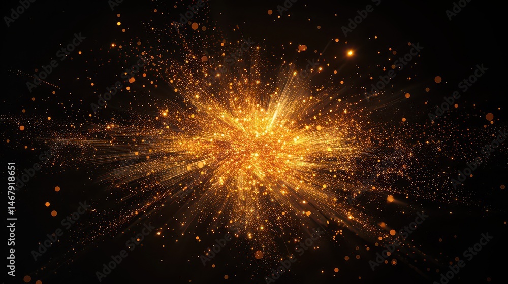 Obraz premium Golden explosion of light with radiating particles on a dark black plain background image