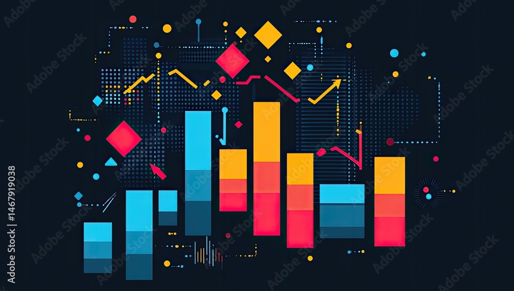 Obraz premium Data visualization of growth and decline, with stacked bar graphs and geometric shapes overlaid on a dark background. Complex digital network patterns and arrows accentuate the data trends