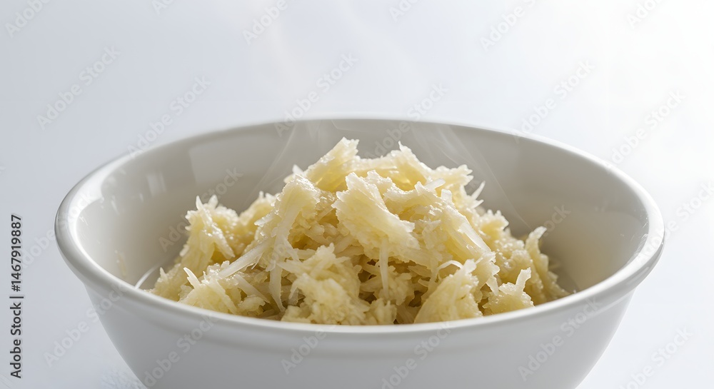 A white bowl filled with shredded cabbage or similar vegetable on white background A white bowl filled with shredded cabbage or similar vegetable on white background