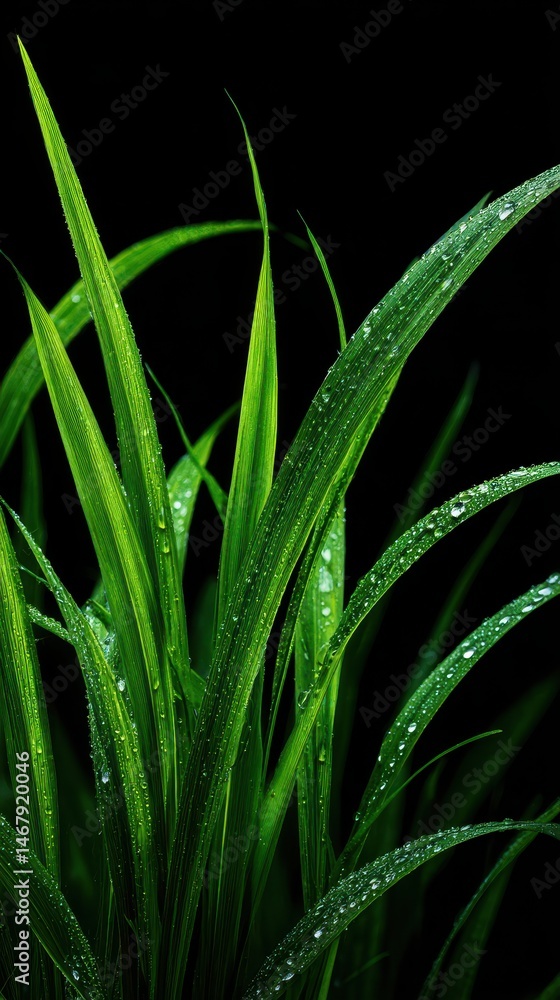 Fototapeta premium Fresh Green Grass with Water Drops on Leaves Against a Black Background for Nature and Environmental Themes