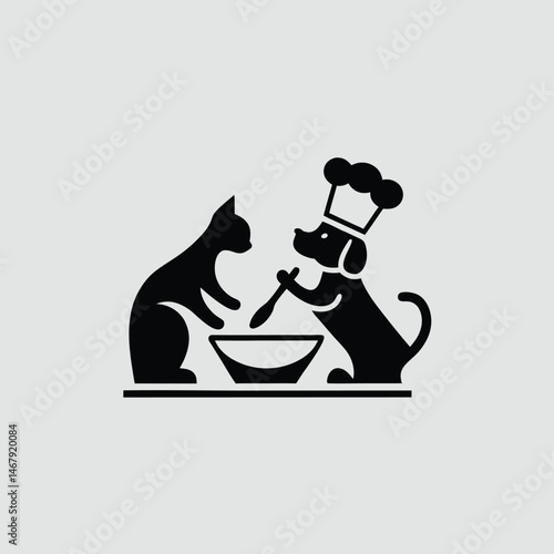 Black and white illustration of a dog chef and a cat preparing a meal together