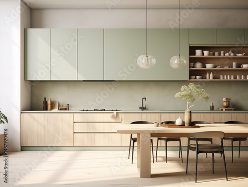 Minimalist japandi inspired kitchen interior in neutral and sage colors with rustic decor, shelves and pottery. Natural wood japanese and wabi sabi inspired kitchen.