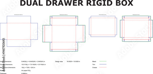 Detailed diagram and specifications of a dual drawer rigid box packaging design featuring cut lines and dimensions outlined.