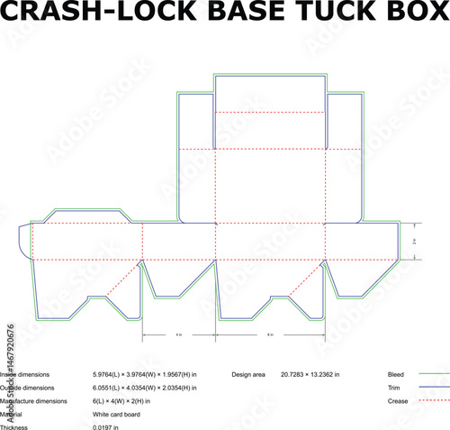 Detailed technical diagram of a crash-lock base tuck box template with measurements and specifications for packaging design.