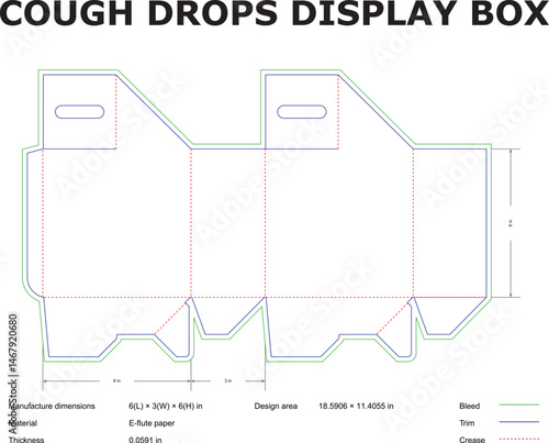 Detailed blueprint design of a cough drops display box with dimensions and design specifications perfect for packaging and branding.