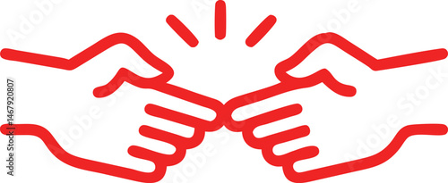 Simple red outline of two hands touching with rays representing agreement