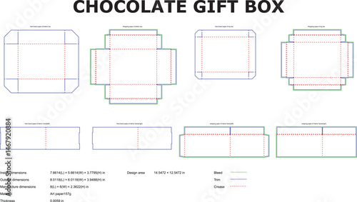 Detailed design blueprint for chocolate gift box with accurate dimensions and specifications for packaging design.