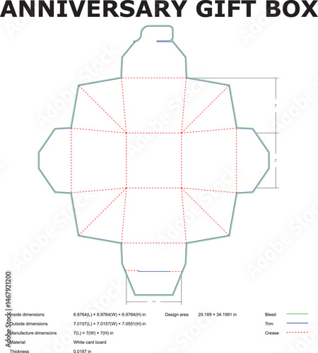 Detailed vector illustration of a gift box die-cut template, including dimensions, bleed lines, and crease lines for easy assembly.