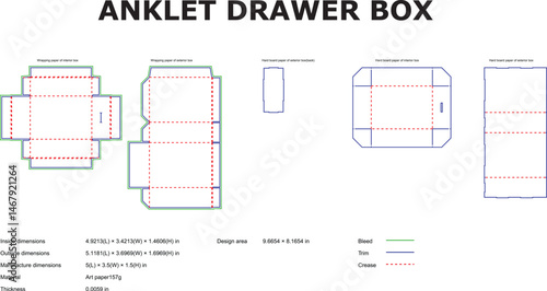 Detailed ankle drawer box packaging design template layout with dimensional specifications and crease lines for professional printing.