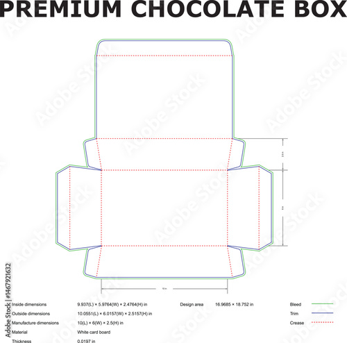 Vector illustration of a premium chocolate box packaging template design with dimensions for confectionary and food packaging