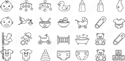 Baby care editable stroke outline icons set isolated on white background flat vector illustration.
