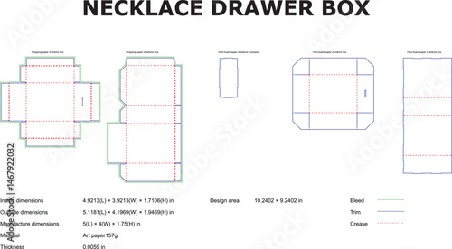 Detailed technical drawing of a necklace drawer box blueprint featuring precise dimensions for packaging designs.