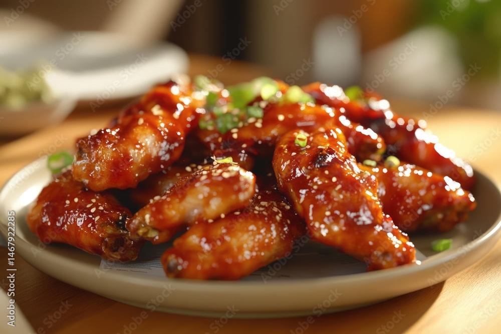 A delectable plate of glazed chicken wings, garnished with sesame seeds and scallions, bathed in warm, inviting lighting. A delectable plate of glazed chicken wings, garnished with sesame seeds and scallions, bathed in warm, inviting lighting.