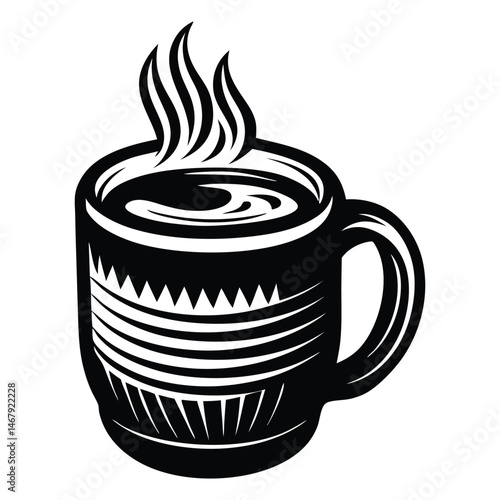 Coffee Mug Silhouette, Hand-Drawn Vintage Coffee Cup, Black color coffee mug on white background