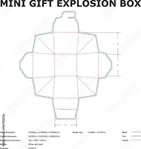 Vector blueprint of a mini gift explosion box die cut template with dimensions and guidelines for craft projects