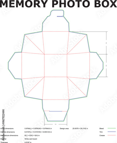 Detailed blueprint of a memory photo box with dimensions and crease lines for packaging and design.