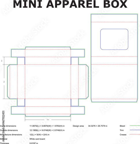 Detailed diagram of a mini apparel box with dimensions showing the design plan, fold lines, and specifications for packaging and manufacturing.