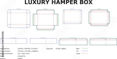 Detailed vector diagram of a luxury hamper box layout with specifications and dimensions for packaging and design