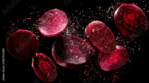 Sliced beetroots floating in mid-air, surrounded by vibrant spices against a dark background