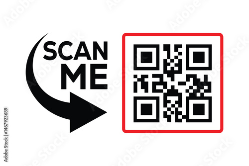 Minimalist black and white graphic design with bold 'SCAN ME' text, curved arrow, and hollow rectangles creating a QR code scan effect. Clean lines, symmetrical composition. Ideal for apps, websites, 