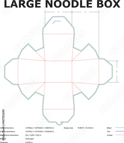 Blueprint template of a large noodle box layout with detailed dimensions and measurement guides for packaging design