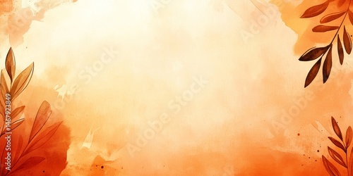 Watercolor Autumn Background, Dreamy Orange Backdrop With Botanical Details, Soft And Elegant Design