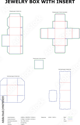 Detailed vector illustration of jewelry box template designs for packaging and manufacturing purpose with dimensions