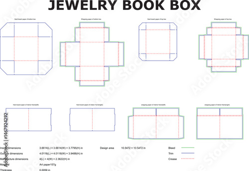 Detailed diagram showing the die cut template layout for a jewelry book box with dimensions and bleed lines