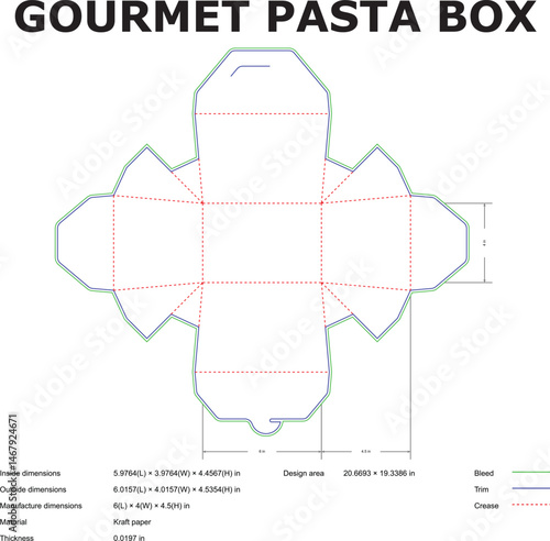 Detailed vector illustration depicting the design layout and dimensions of a gourmet pasta box ready for food packaging.