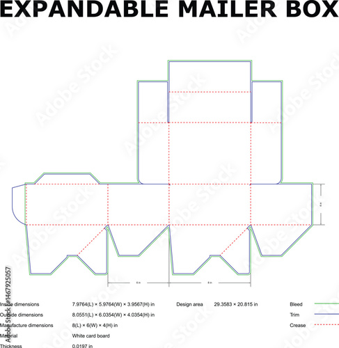 Detailed technical illustration of an expandable mailer box design layout with dimension specifications for packaging.
