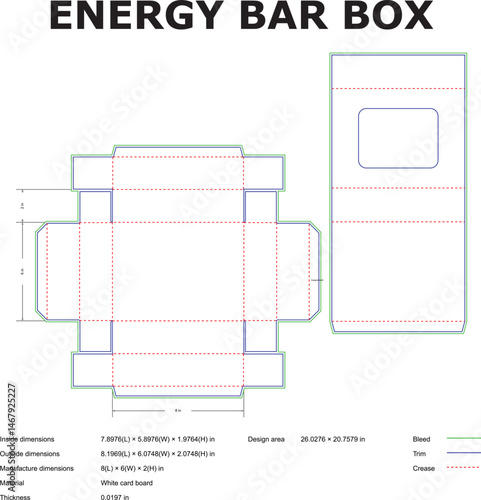 Detailed vector illustration of an energy bar box design layout with technical specifications and measurements for packaging.