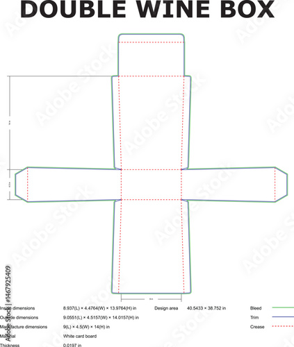 Detailed technical diagram of a double wine box cut sheet with dimensions, trim lines, and crease markings ready for packaging design.