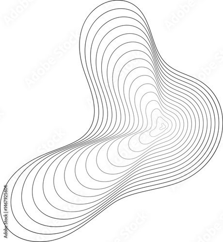 Topographic organic shape with abstract circular wavy pattern. Concentric ripple sound graphic. Contour fluid grid of dynamic pulse. Outline contour illustration