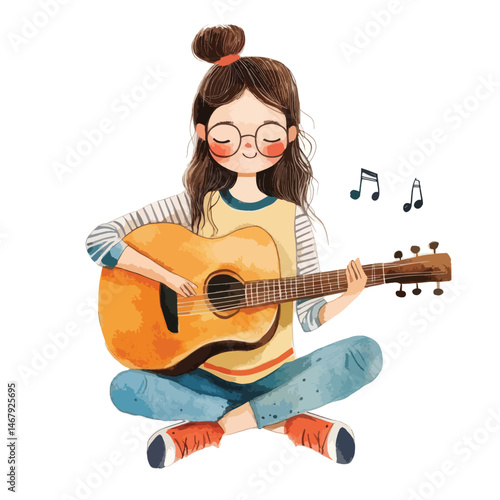 watercolor illustration of girl Musician clipart isolated